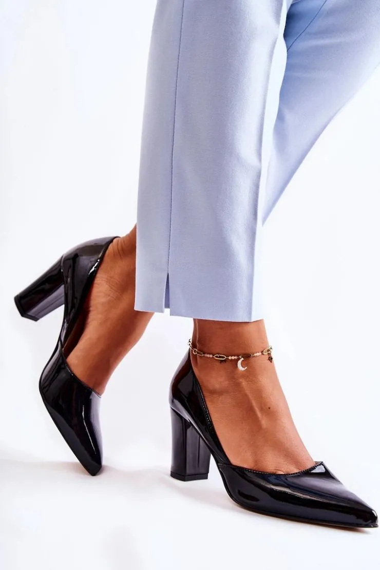 Boto Czółenka Klasyczne*Modne Lakierowane Czółenka Na Słupku Czarne Emotion Czarny