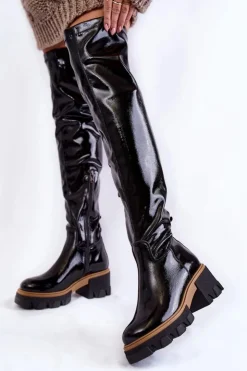 Discount Boto Modne Lakierowane Damskie Kozaki Za Kolano Czarne Lemar Venise