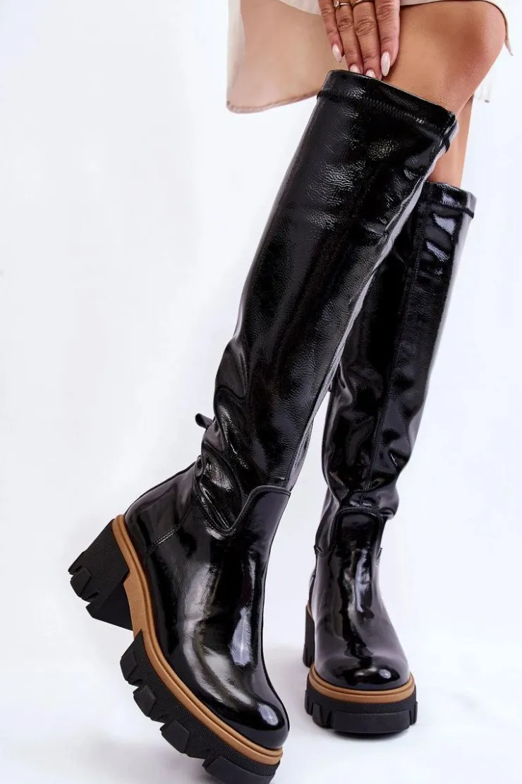 Boto Kozaki Płaskie|Kozaki Przed Kolano*Modne Lakierowane Damskie Kozaki Przed Kolano Czarne Venise