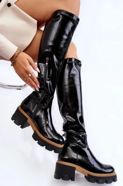 Boto Kozaki Płaskie|Kozaki Przed Kolano*Modne Lakierowane Damskie Kozaki Przed Kolano Czarne Venise