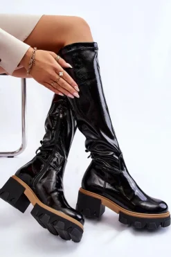 Boto Kozaki Płaskie|Kozaki Przed Kolano*Modne Lakierowane Damskie Kozaki Przed Kolano Czarne Venise