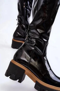 Boto Kozaki Płaskie|Kozaki Przed Kolano*Modne Lakierowane Damskie Kozaki Przed Kolano Czarne Venise