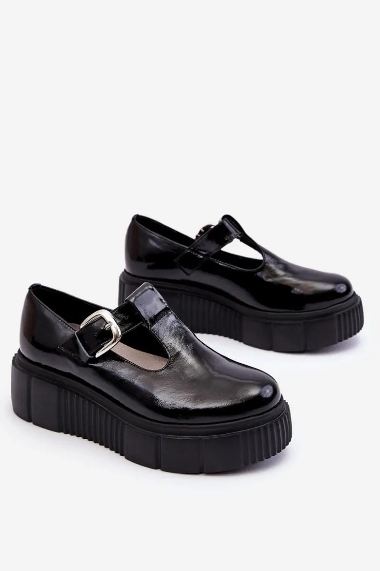 New Zazoo Modne Lakierowane Półbuty Na Masywnej Platformie Czarne Colson