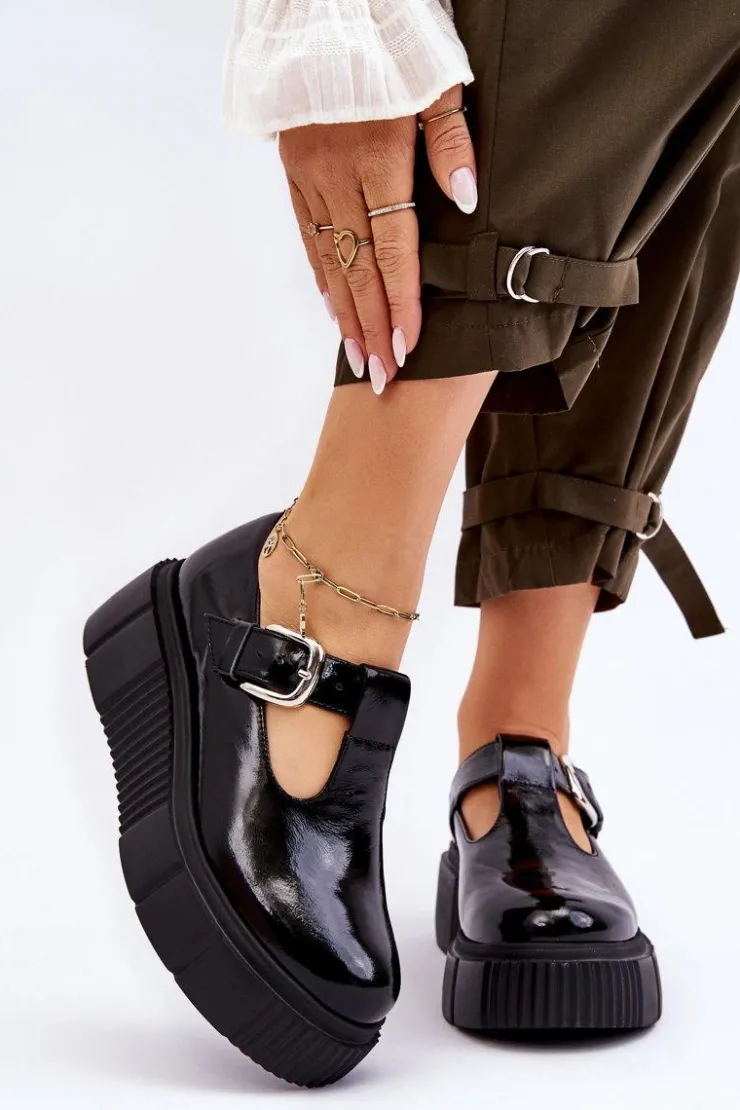 New Zazoo Modne Lakierowane Półbuty Na Masywnej Platformie Czarne Colson