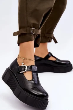 New Zazoo Modne Lakierowane Półbuty Na Masywnej Platformie Czarne Colson