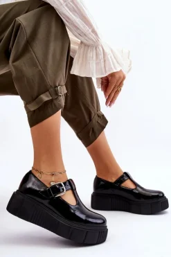 New Zazoo Modne Lakierowane Półbuty Na Masywnej Platformie Czarne Colson