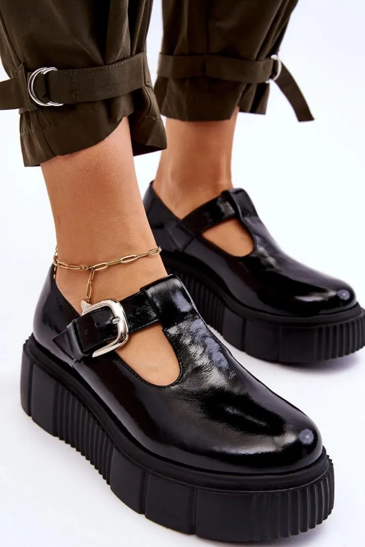 New Zazoo Modne Lakierowane Półbuty Na Masywnej Platformie Czarne Colson