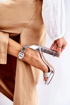 Damskie Boto Modne Lakierowane Sandały Na Wysokim Słupku Srebrne Perfection