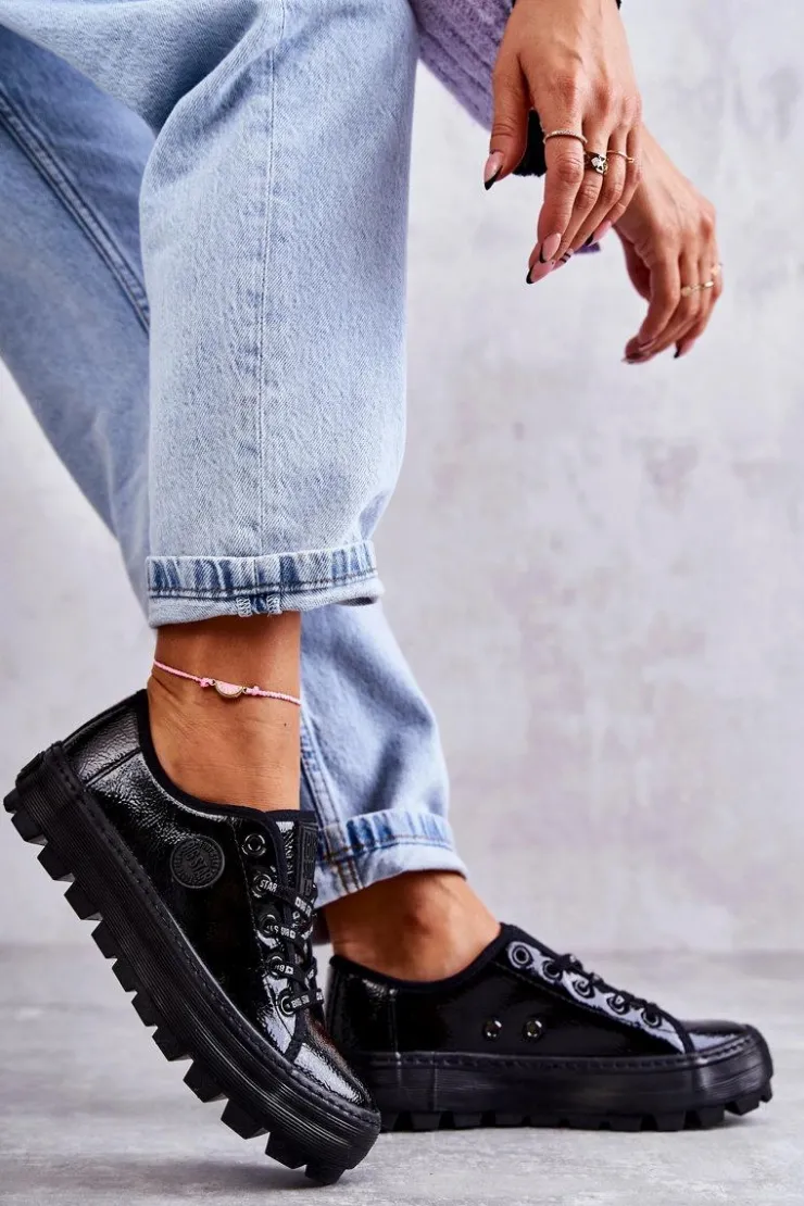 Discount Big Star Shoes Modne Lakierowane Trampki Big Star KK274044 Czarne Czarny