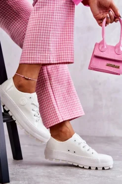 Big Star Shoes Trampki Damskie Big Star|Trampki Damskie Niskie*Modne Lakierowane Trampki Big Star KK274045 Białe Biały