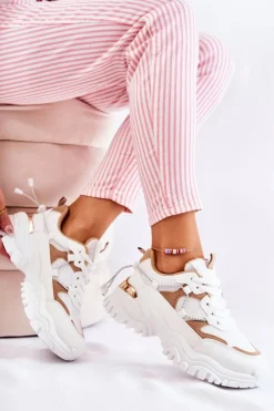 Best Boto Modne Materiałowe Buty Sportowe Beżowo-Białe Amariso