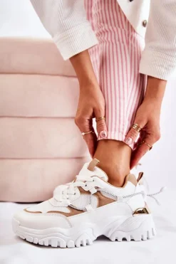 Best Boto Modne Materiałowe Buty Sportowe Beżowo-Białe Amariso