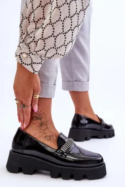 Damskie Laura Messi Modne Mokasyny Na Platformie Z Ozdobą 2600 Czarne