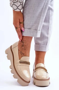 Damskie Laura Messi Modne Mokasyny Na Platformie Z Ozdobą 2600 Beżowe