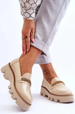 Damskie Laura Messi Modne Mokasyny Na Platformie Z Ozdobą 2600 Beżowe