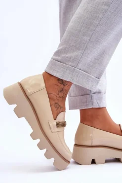 Damskie Laura Messi Modne Mokasyny Na Platformie Z Ozdobą 2600 Beżowe