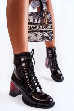 Outlet Damskie buty S.Barski Modne Ocieplane Botki Na Obcasie Czarne Alisse