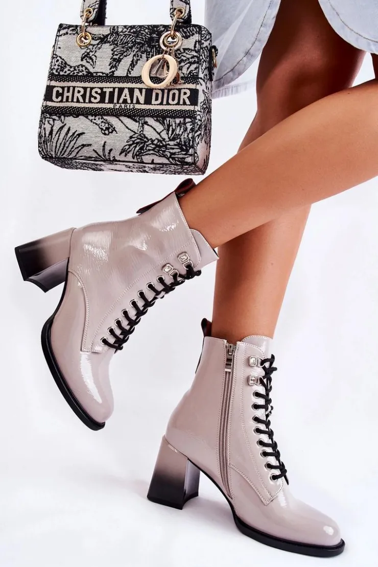 Damskie buty S.Barski Botki Sznurowane|Botki Zimowe Damskie*Modne Ocieplane Botki Na Obcasie Szare Alisse