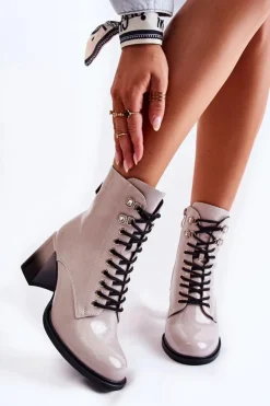 Damskie buty S.Barski Botki Sznurowane|Botki Zimowe Damskie*Modne Ocieplane Botki Na Obcasie Szare Alisse