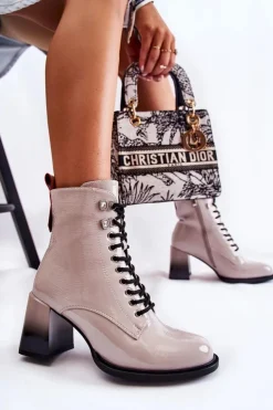 Damskie buty S.Barski Botki Sznurowane|Botki Zimowe Damskie*Modne Ocieplane Botki Na Obcasie Szare Alisse