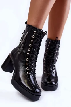 Damskie Boto Modne Ocieplane Skórzane Botki Z Ozdobą Czarne Malta