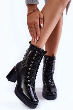 Damskie Boto Modne Ocieplane Skórzane Botki Z Ozdobą Czarne Malta