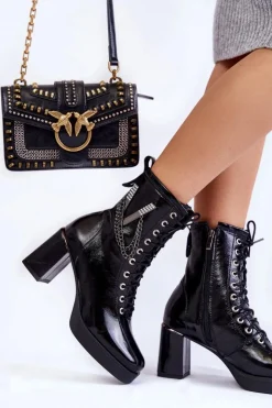 Damskie Boto Modne Ocieplane Skórzane Botki Z Ozdobą Czarne Malta