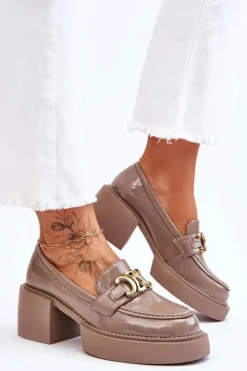 Damskie buty S.Barski Mokasyny Damskie Lakierowane|Czółenka Na Słupku*Modne Półbuty Czółenka Na Masywnym Obcasie Beżowe Imani