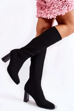 Damskie Boto Modne Prążkowane Kozaki Na Obcasie Czarne Carros