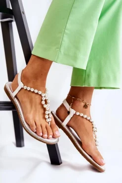 Damskie Boto Modne Sandały Japonki Z Perłami Białe Isalia