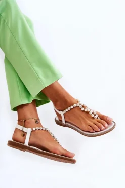 Damskie Boto Modne Sandały Japonki Z Perłami Białe Isalia