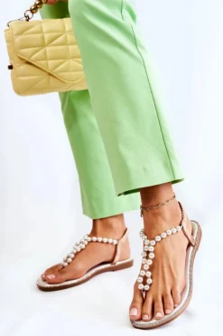 Hot Boto Modne Sandały Japonki Z Perłami Różowe Złoto Isalia