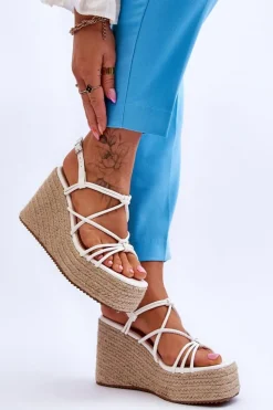 Boto Sandały Na Koturnie*Modne Sandały Na Koturnie Z Plecionką Białe Nessia