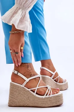 Boto Sandały Na Koturnie*Modne Sandały Na Koturnie Z Plecionką Białe Nessia