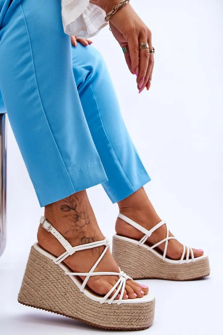 Boto Sandały Na Koturnie*Modne Sandały Na Koturnie Z Plecionką Białe Nessia