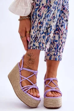 Damskie Boto Modne Sandały Na Koturnie Z Plecionką Fioletowe Nessia