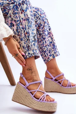 Damskie Boto Modne Sandały Na Koturnie Z Plecionką Fioletowe Nessia