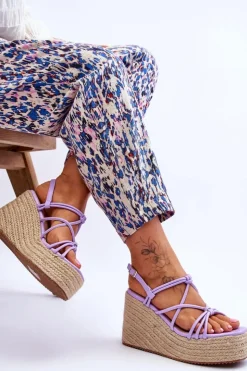 Damskie Boto Modne Sandały Na Koturnie Z Plecionką Fioletowe Nessia