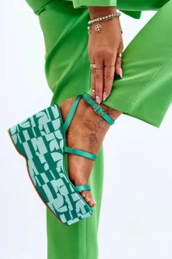 Damskie Boto Modne Sandały Na Koturnie We Wzory Zielone Claria