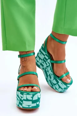 Damskie Boto Modne Sandały Na Koturnie We Wzory Zielone Claria