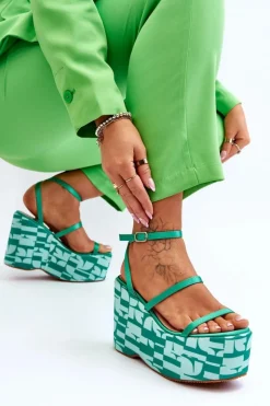 Damskie Boto Modne Sandały Na Koturnie We Wzory Zielone Claria