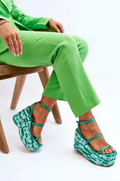 Damskie Boto Modne Sandały Na Koturnie We Wzory Zielone Claria