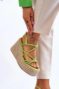 Damskie Boto Modne Sandały Na Koturnie Z Plecionką Zielone Nessia