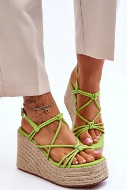 Damskie Boto Modne Sandały Na Koturnie Z Plecionką Zielone Nessia