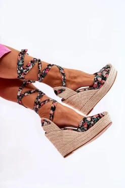 Damskie Boto Modne Sandały Na Koturnie Czarne Lamela