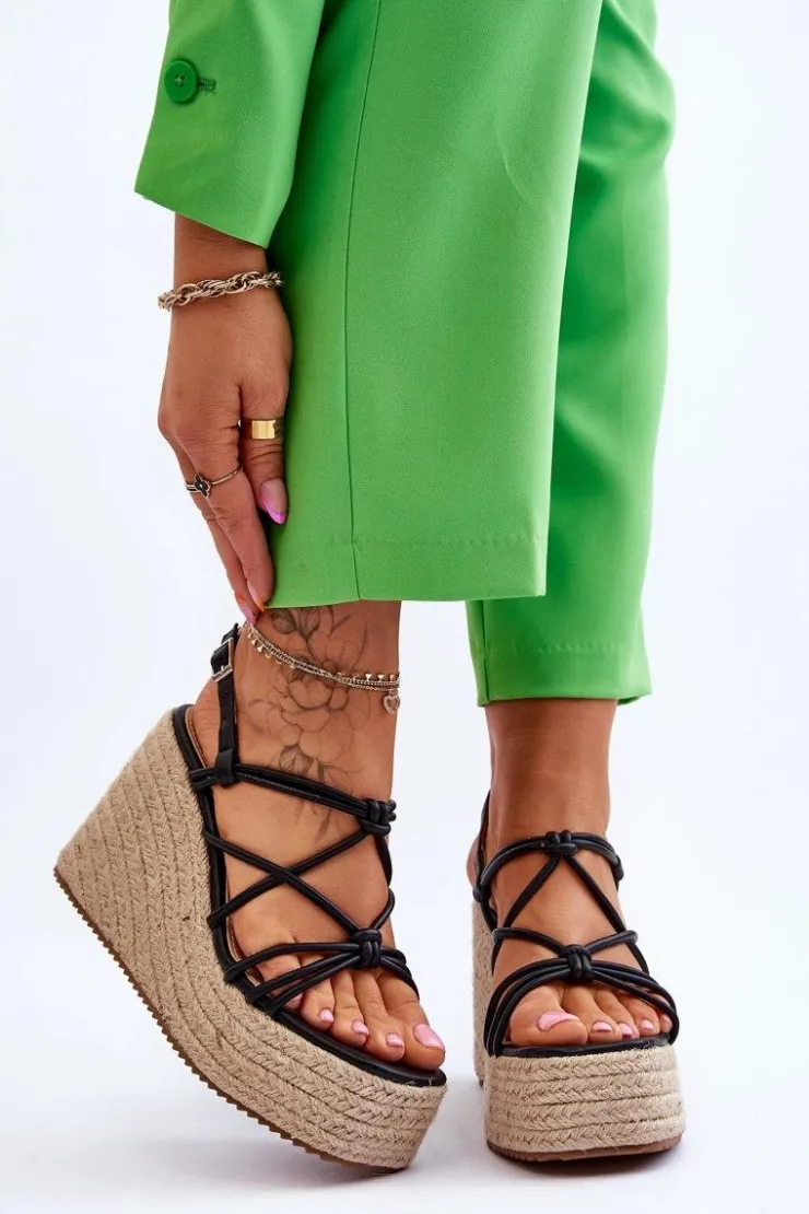 Clearance Boto Modne Sandały Na Koturnie Z Plecionką Czarne Nessia