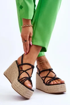 Clearance Boto Modne Sandały Na Koturnie Z Plecionką Czarne Nessia