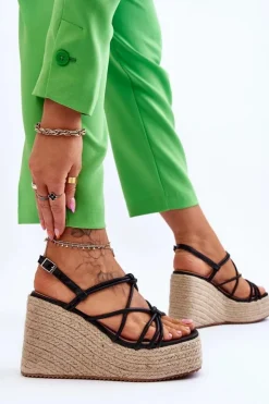 Clearance Boto Modne Sandały Na Koturnie Z Plecionką Czarne Nessia
