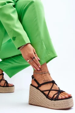 Clearance Boto Modne Sandały Na Koturnie Z Plecionką Czarne Nessia