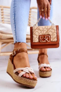 Damskie Boto Modne Sandały Na Koturnie Beżowe Roseville